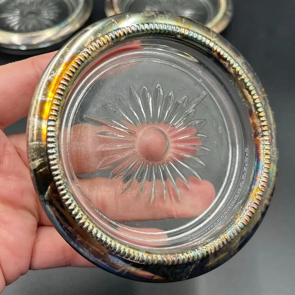 Vintage Leonard Silverplate Coasters Italy Glass Insert Starburst Set of 3